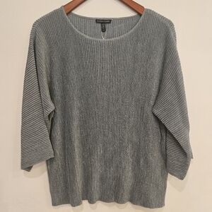 Eileen Fisher Sheer Hemp Bracelet-Sleeve Shimmery Top | Steel Blue size Medium